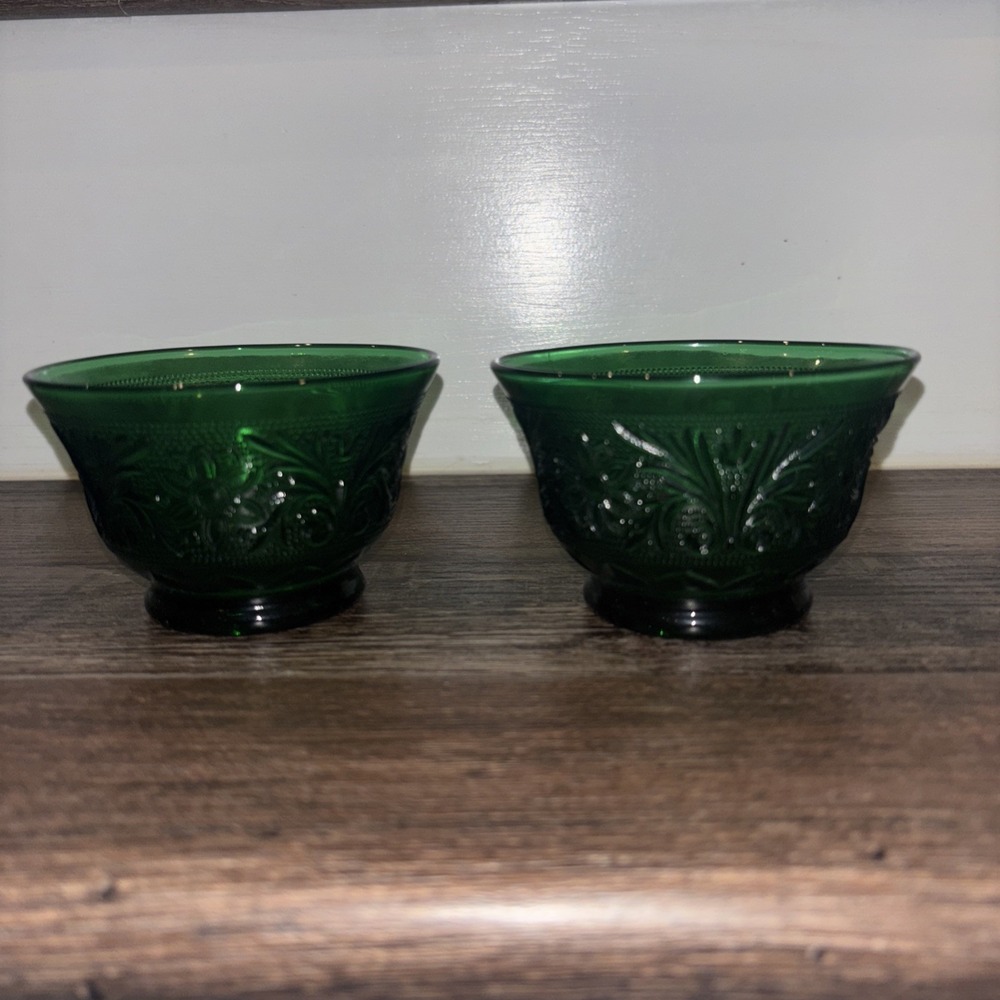 Pair (2) Anchor Hocking Forest Green Sandwich Glass Custard Sherbet Cups T67